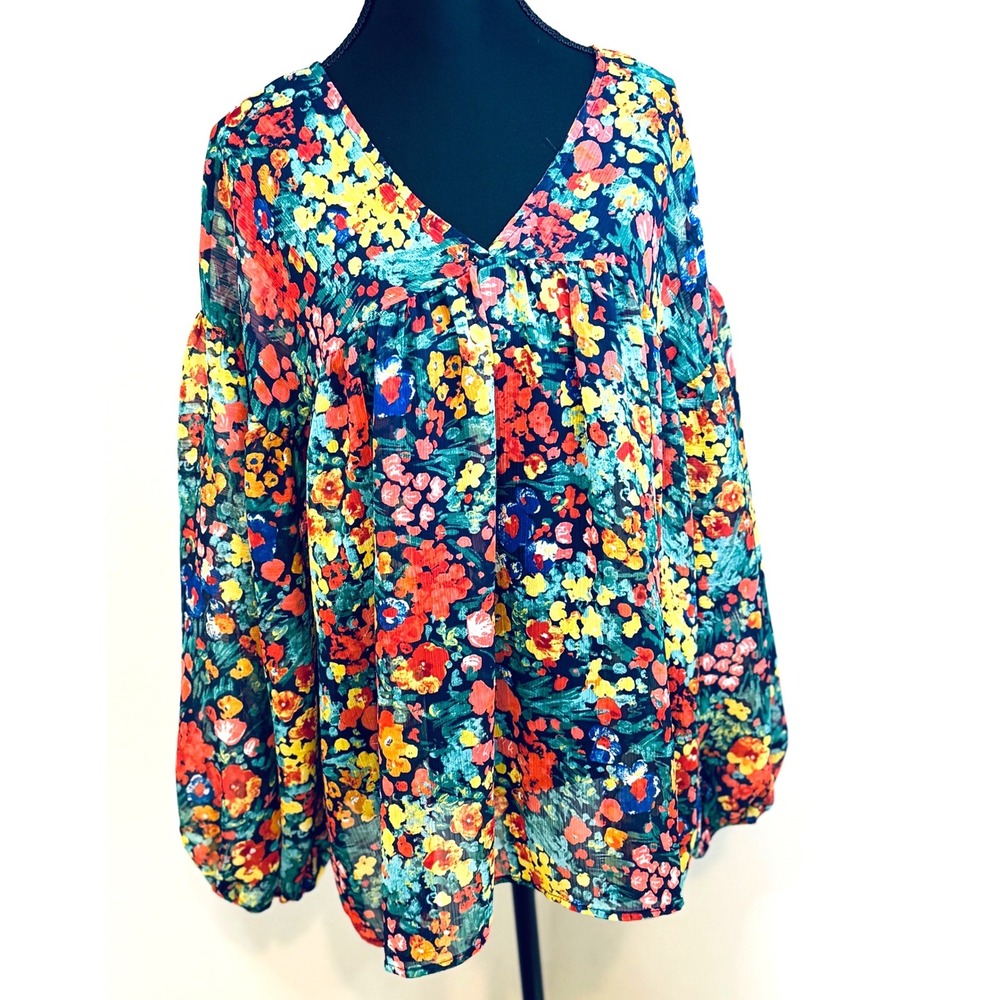Bucketlist Womens Medium Floral V-Neck Balloon Sleeve Boho Blouse Multicolor